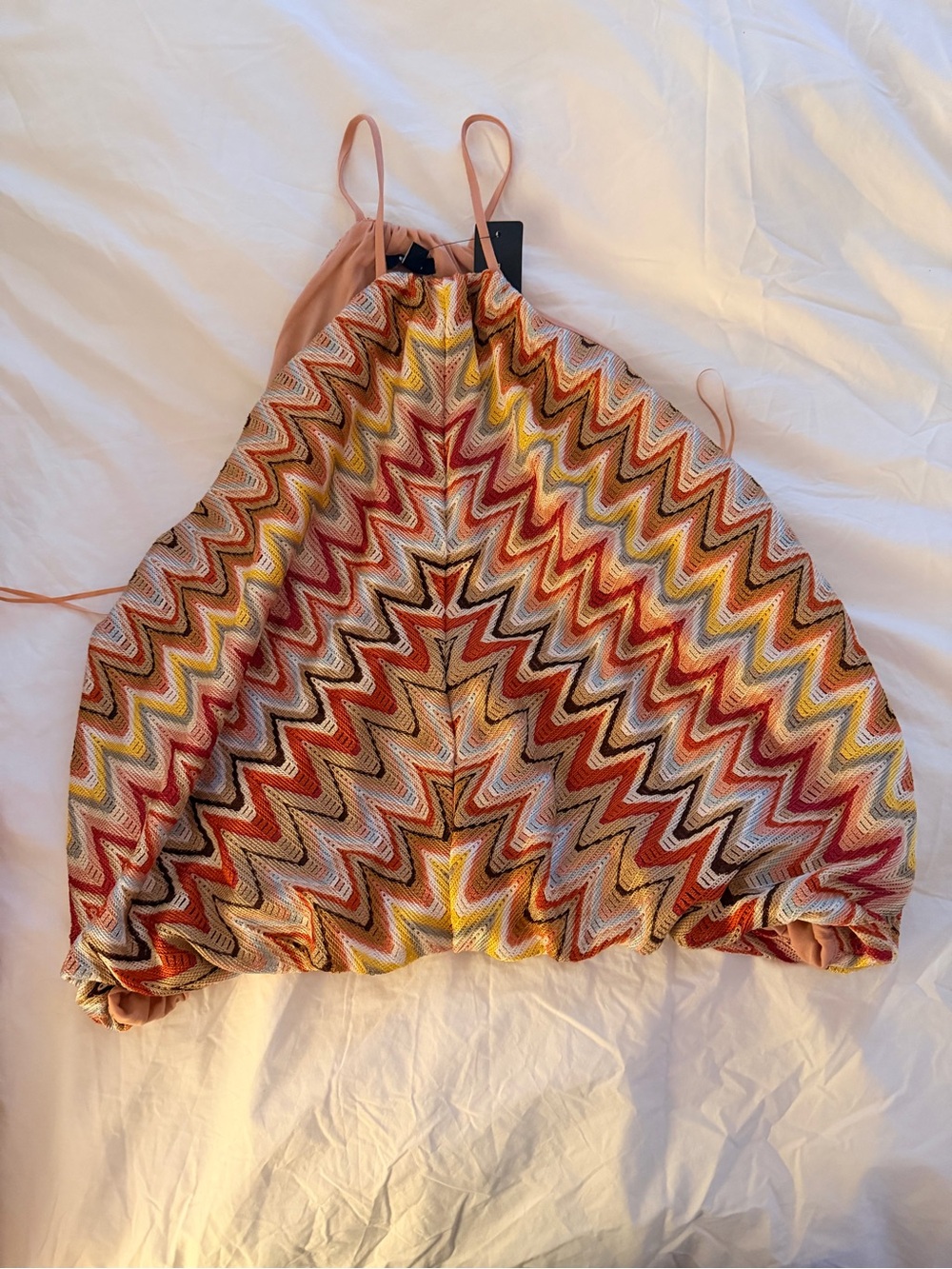 Express Zigzag Knit Halter Top in Rust, Yellow & Cream